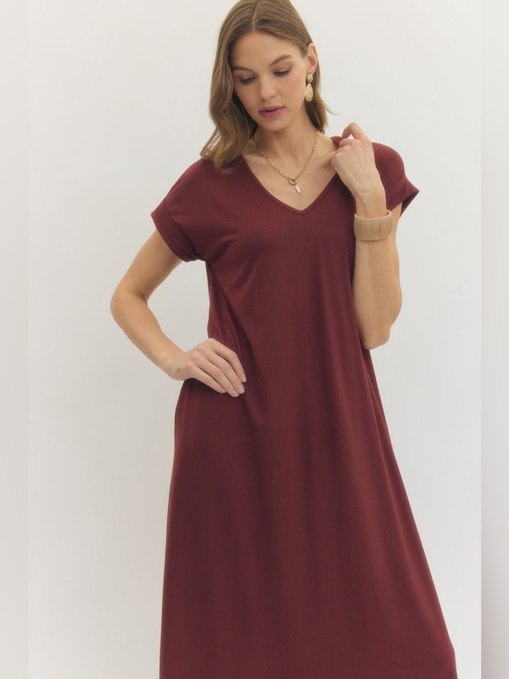 🆕 Entro Solid jersey knit V-neck round hem maxi dress - Picture 5 of 7